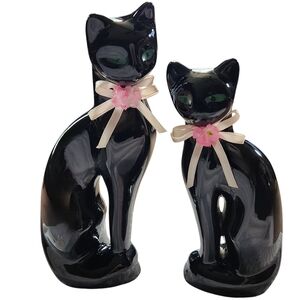 Vintage 90s MCM Style Ceramic Shiny Black Cat Statues with Green Eyes Artmark